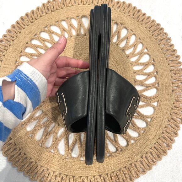 Tory Burch Double T Sport Slide Perfect Black Gold Leather Size 11 - Picture 11 of 12